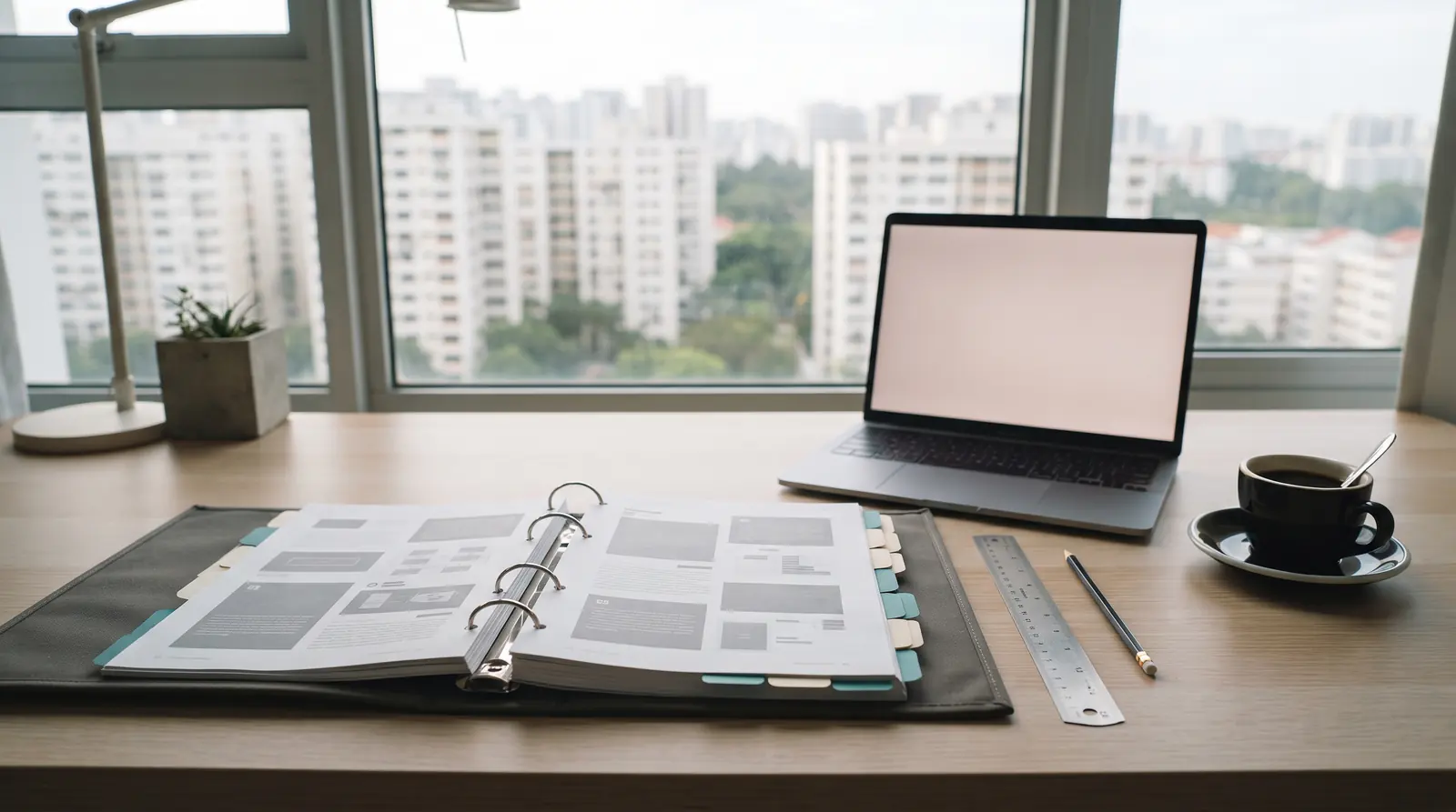 Reference binder of checked vehicle rebate sources on an oak desk overlooking Singapore HDB blocks