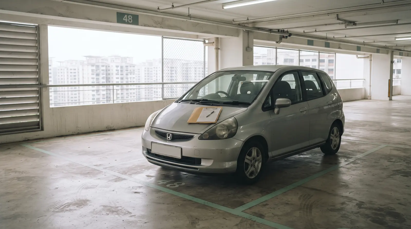 Silver hatchback in a Singapore HDB carpark with a blank folder on the bonnet, ready for scrap car deregistration
