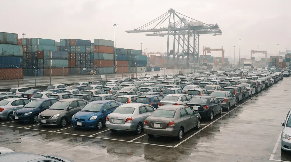 Cars awaiting export in a Singapore port holding yard, the storage stage before a car leaves the country