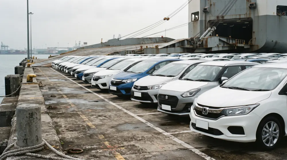 Nearly new cars lined up at a car carrier ramp on a Singapore wharf, the early export route before a COE rebate cap