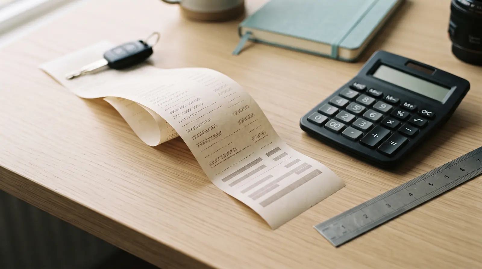 Scrap car value worked out on a thermal receipt beside a calculator, ruler and car key on an oak desk